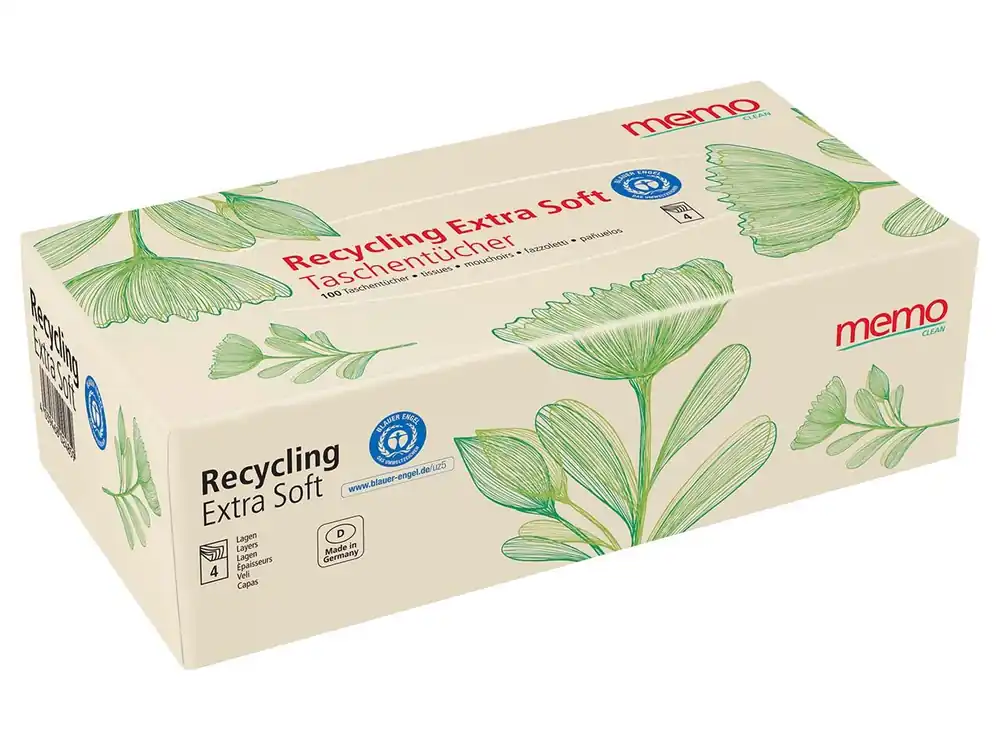 Preis Gesenkt memo Taschentücher „Recycling Extra Soft“ in praktischer Box 15 x 1 Stück