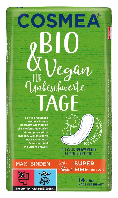 COSMEA ® BIO Maxi Binden, VEGAN, Super ohne Duft 14 Stück Begrenztes Angebot