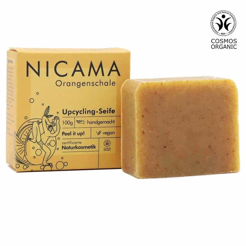 Preisreduziert NICAMA zertifizierte Bio-Upcyclingseife mit Peelingeffekt – Orangenschale 100g