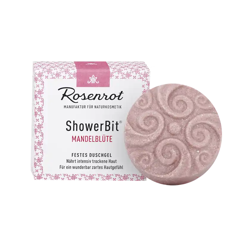 Premium Rosenrot Naturkosmetik ShowerBit® – festes Duschgel Mandelblüte – 55g – in Schachtel 55g