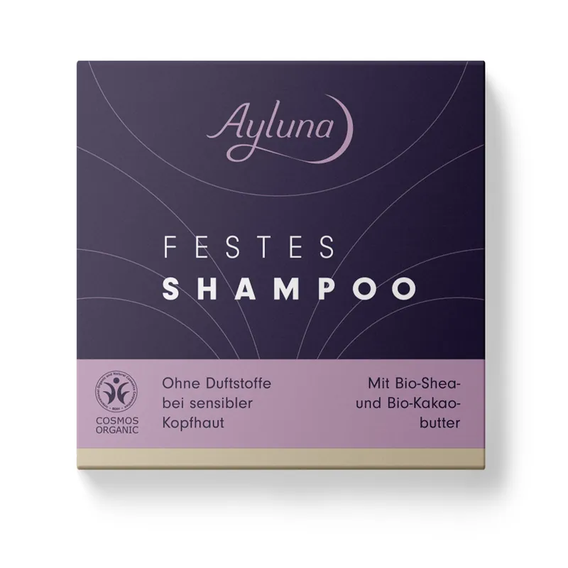 Ayluna Festes Shampoo ohne Duftstoffe bei sensibler Kopfhaut mit Bio-Shea- und Bio-Kakaobutter 60g Highlight
