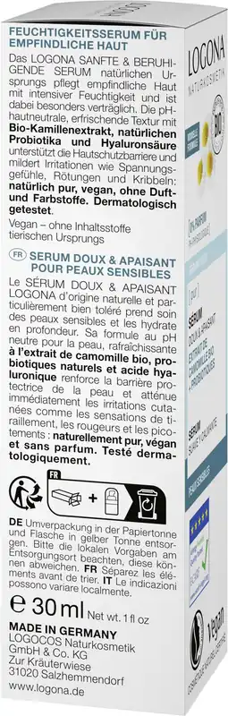 Letzte Chance Logona PUR Sanftes & beruhigendes Serum Bio-Kamillenextrakt + Probiotika 4 x 30ml