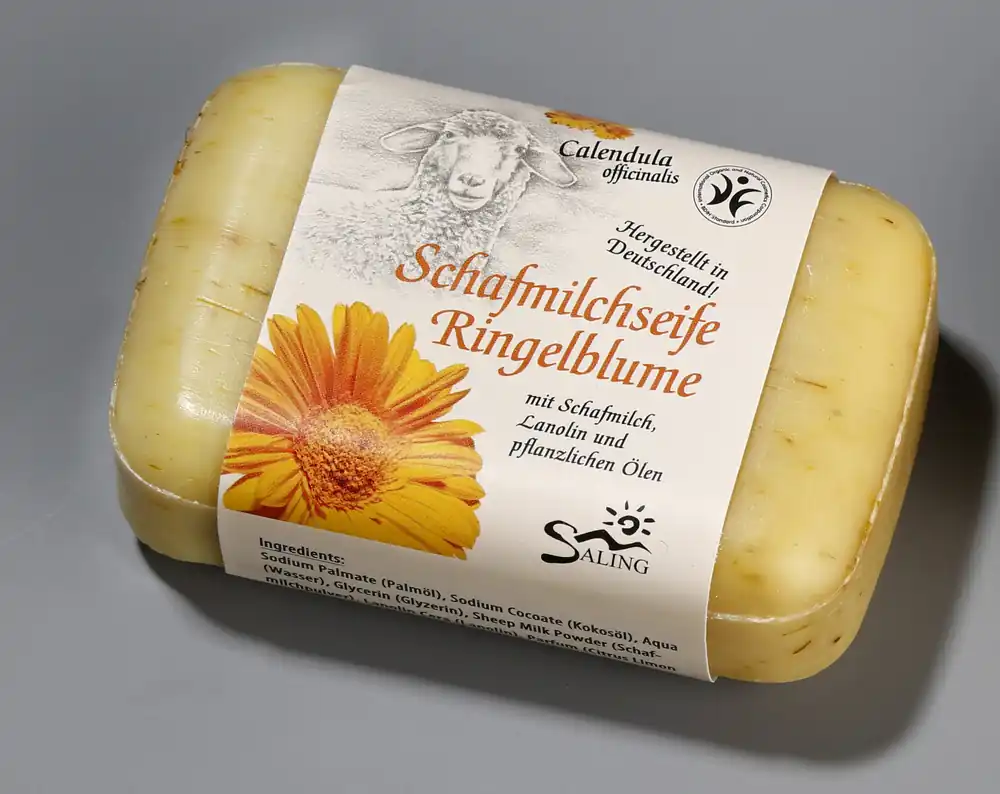 Ab Werk Saling Schafmilchseife Ringelblume 100g mit Banderole, BDIH zertifiziert, im Verkaufsdisplay 100g