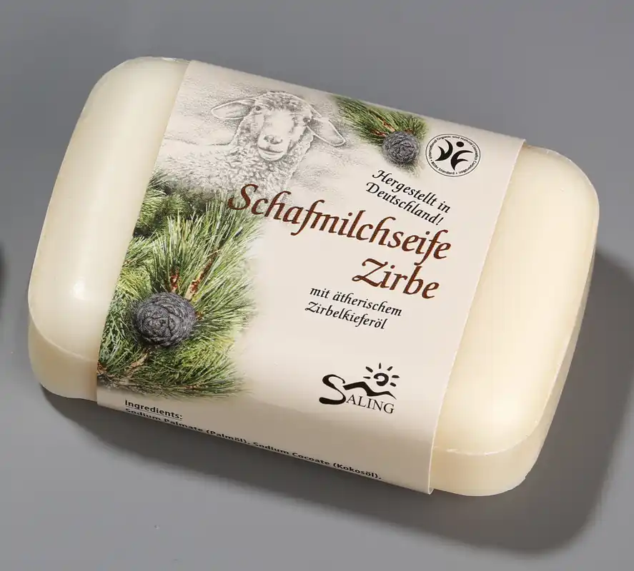 Saling Schafmilchseife Zirbe 100g mit Banderole, BDIH zertifiziert im Verkaufsaufsteller 100g Großhandel