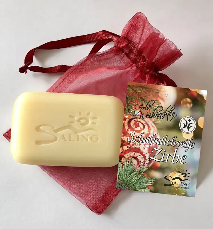 Saling Schafmilchseife Zirbe im Organza mit Anhänger „Frohe Weihnachten“ BDIH zertifiziert 100g Neu