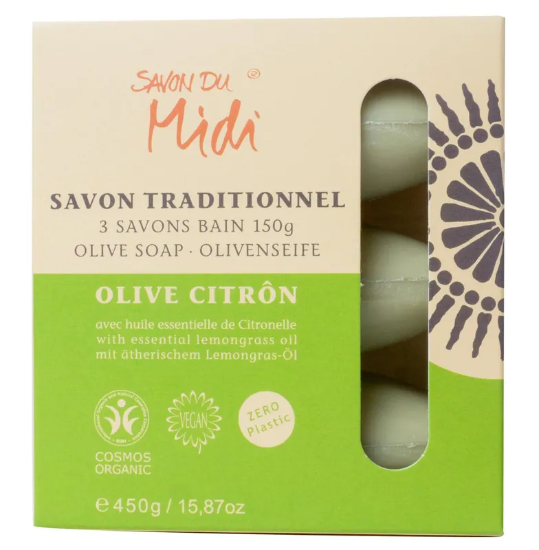 Savon du Midi Olivenseife OLIVE-CITRÔN, 3 x 150g in Papier Box, COSMOS ORGAIC, VEGAN, ZERO PLASTIC 450g Kostenloser Rückversand