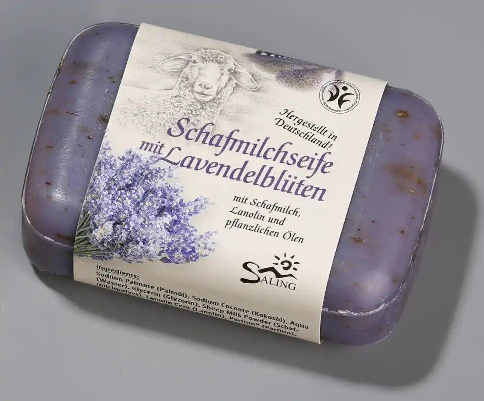 Garantierte Lieferung Saling Schafmilchseife Lavendelblüten 100g mit Banderole, BDIH zertifiziert, im Verkaufsdisplay 12 x 100g
