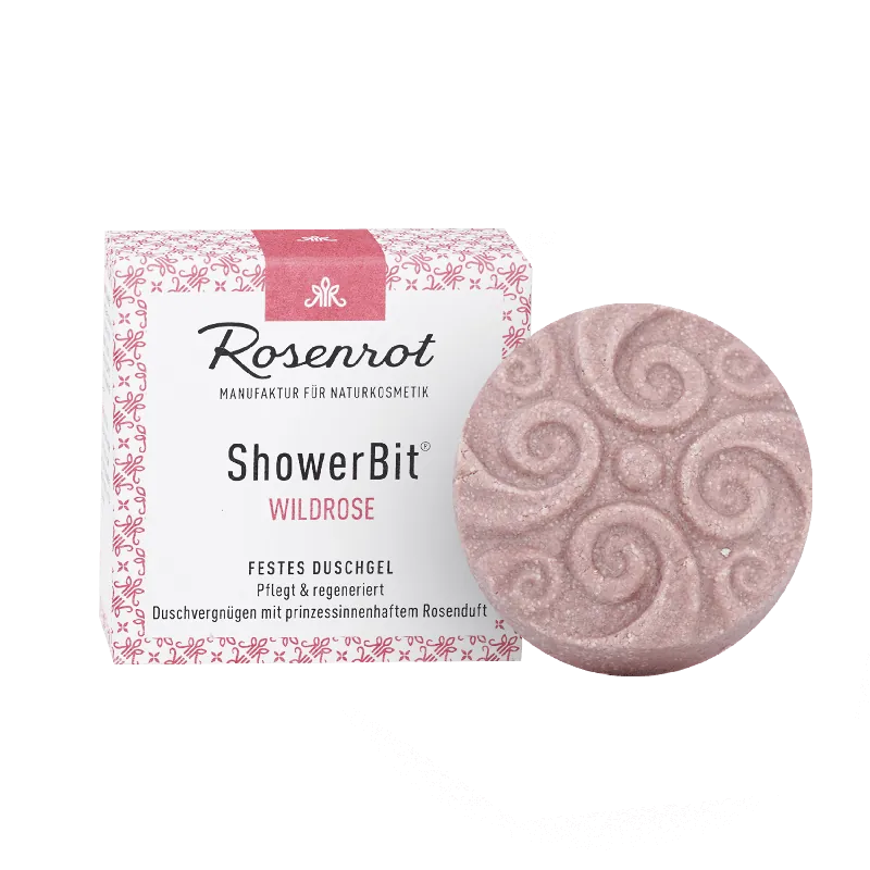 Rosenrot Naturkosmetik ShowerBit® – festes Duschgel Wildrose – 60g – in Schachtel – Pflegedusche für den Kick am Morgen. 60g Neue Kollektion