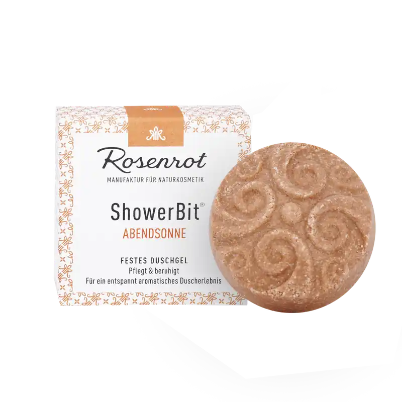 Rosenrot Naturkosmetik ShowerBit® – festes Duschgel Abendsonne – 60g – in Schachtel – Pflegedusche für den Kick am Morgen. 60g Sonderaktion