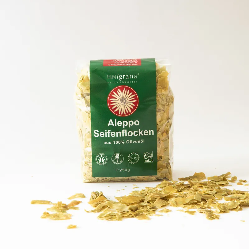 FINigrana Naturkosmetik FINigrana Aleppo Seifenflocken, reine Olive, 250g in PE Tüte & Anwendungs Info 10 x 250g Limited Edition