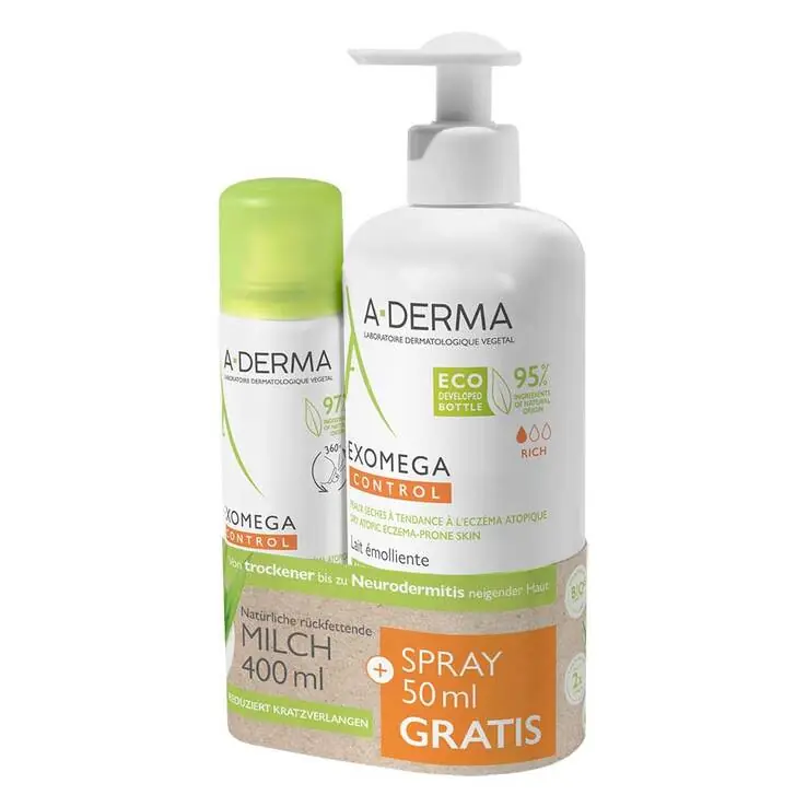 A-Derma Promo-Kit Exomega Milch + Spray, 1 St Geld-Zurück-Garantie
